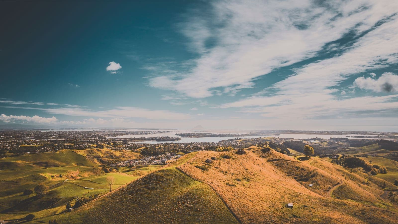 Aerial view of the Tauranga cityscape, hills and coastline in the Bay of Plenty.