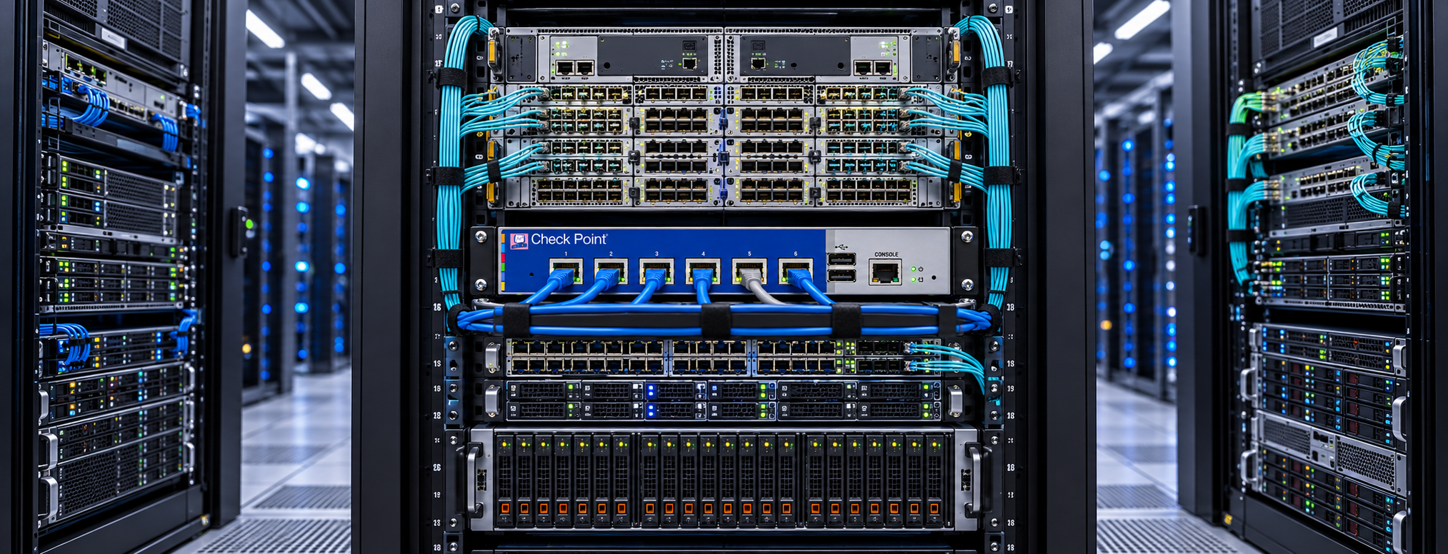 Data centre aisle lined with network racks, with a Check Point firewall appliance and blue and cyan patch cabling in the foreground.
